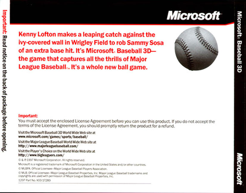 Microsoft Baseball 3D 1998 Edition - zadn CD obal