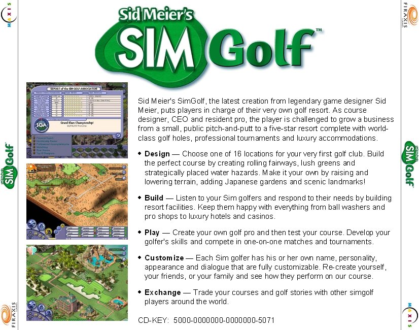 Sim Golf - zadn CD obal
