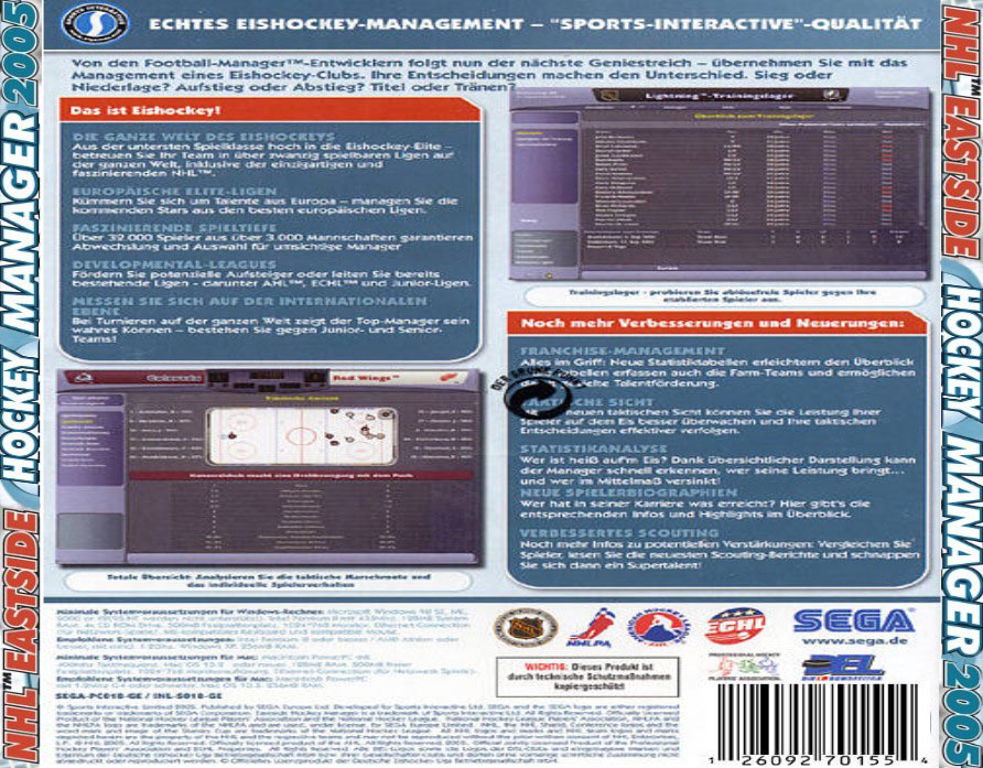 NHL Eastside Hockey Manager 2005 - zadn CD obal