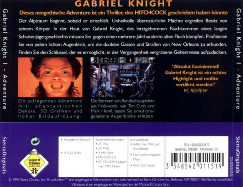 Gabriel Knight 1: Sins of the Fathers - zadn CD obal