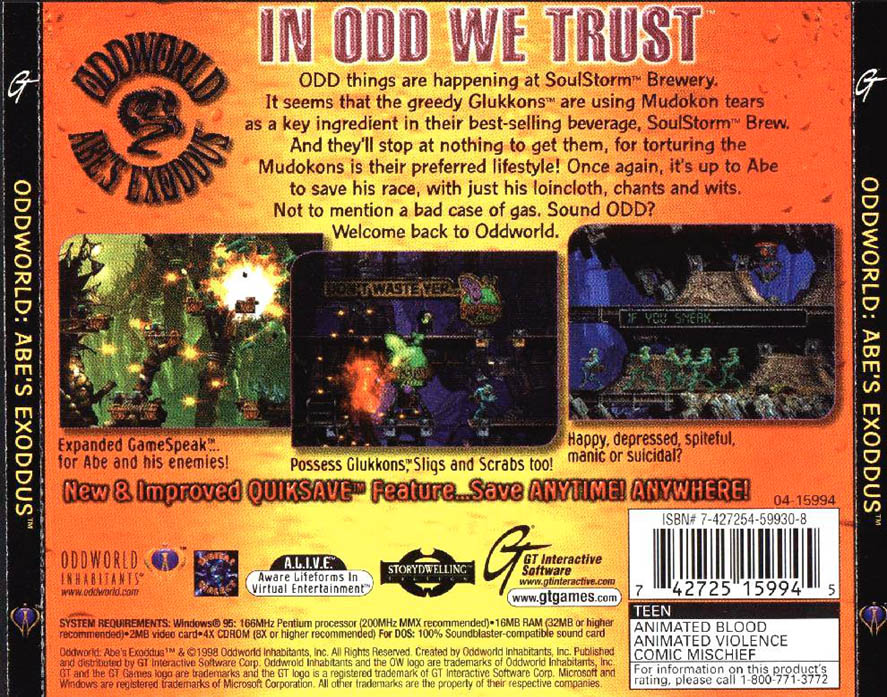 Oddworld: Abe's Exoddus - zadn CD obal